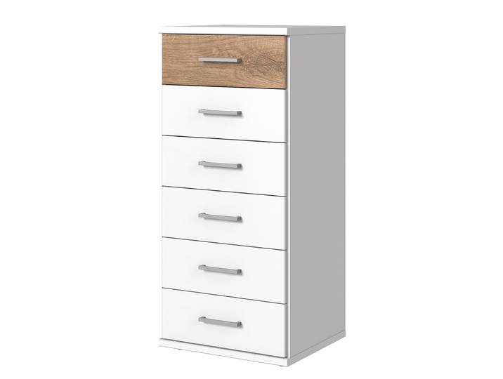 Commode Julan à tiroirs 106cm Blanc/Marron/Blanc/Imitation chêne parqueté