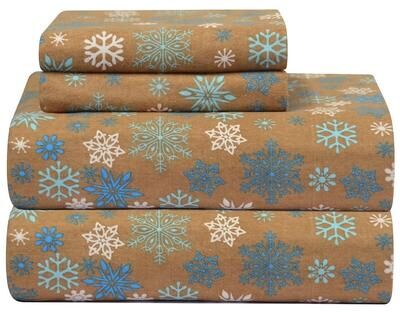 Pointehaven Snow Flakes Printed Flannel Bed Sheet Set