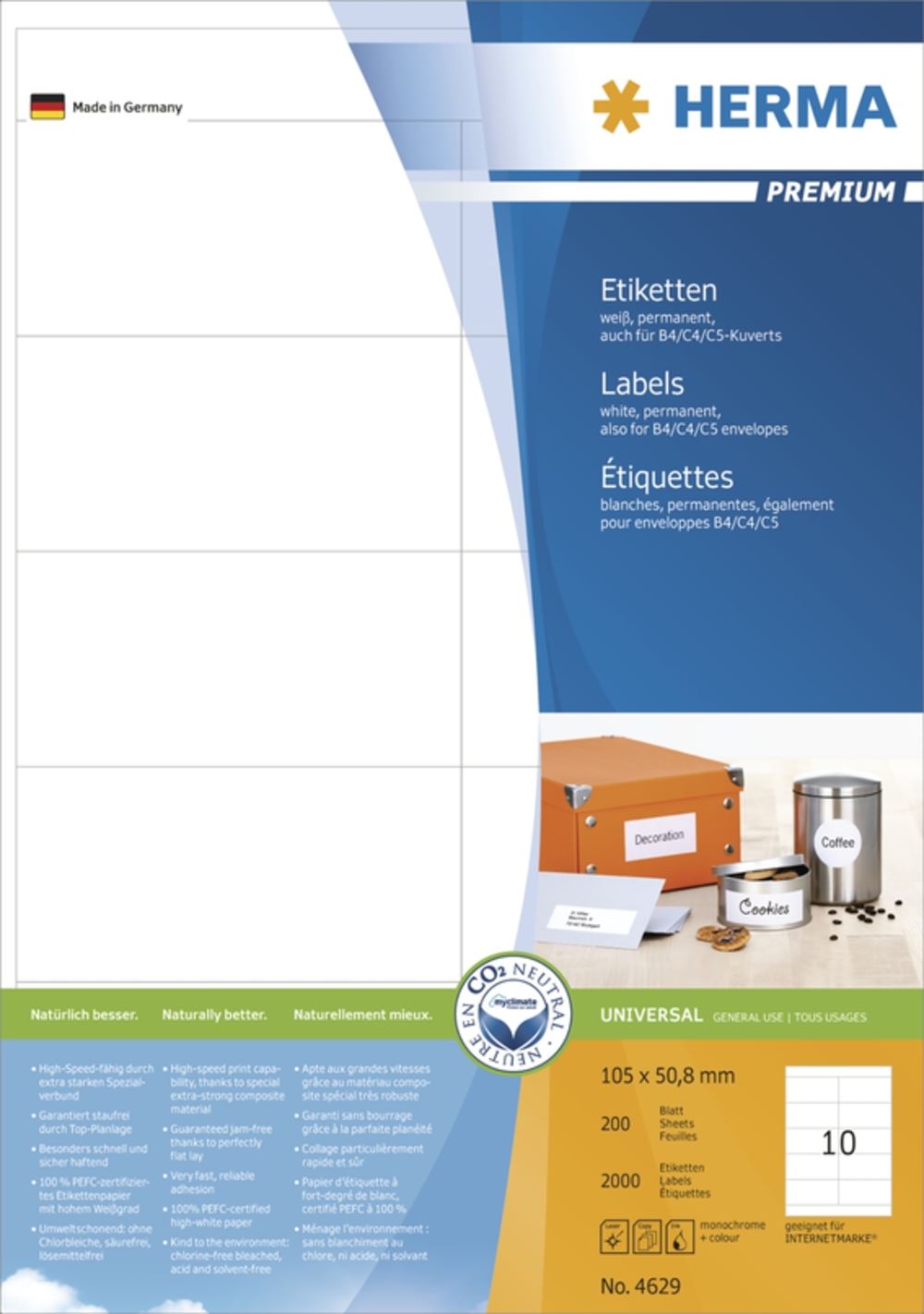 Herma 4629 Premium Universal-Etiketten 10.5x5.08 cm (200 Blatt (2000 Etiketten))