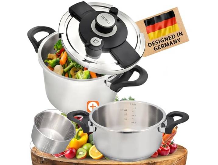 QUIXO Schnellkochtopf 6+4L VitaSmart Dampfkochtopf Induktion Quicksafe-Verschluss mit Kochsignal, 2 Garstufen (6+4L + Garkorb)