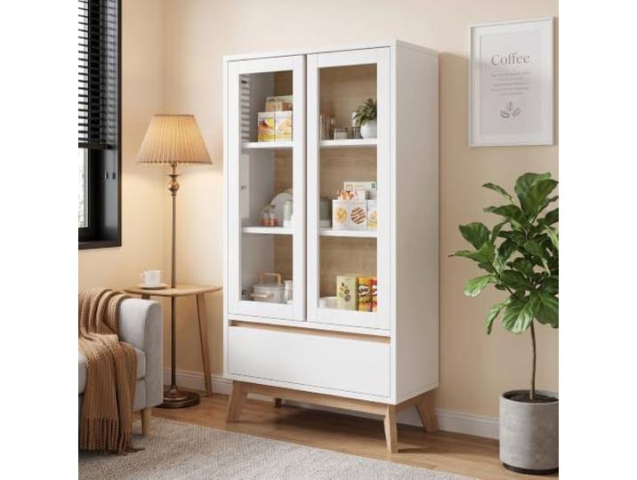 Merax Küchenschrank Sideboard 80x40x150 cm mit verstellbaren Einlegeböden – Weiß+Holzfarbe