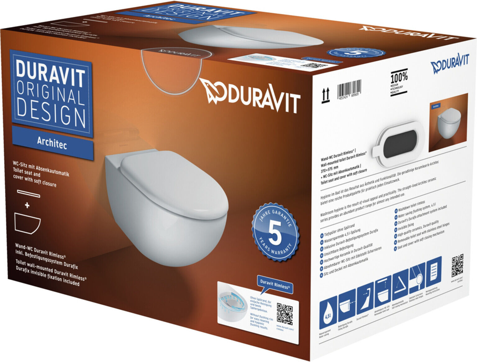 Duravit Wand-WC, Tiefspüler Set Architec Rimless, Durafix, mit WC-Sitz, weiß (45720900A1)