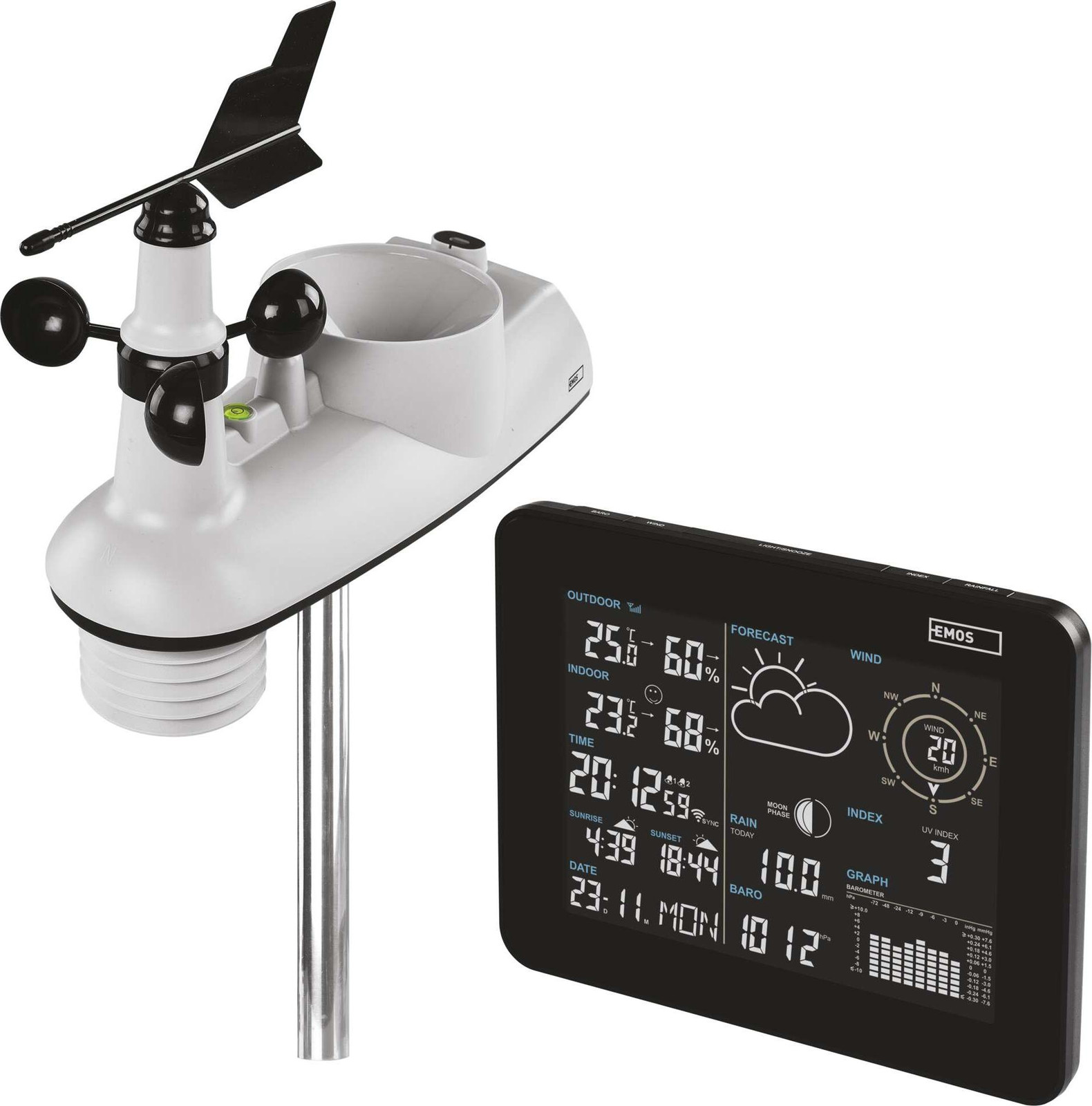 Emos E5059 weerstation met anemometer, thermometer, vochtigheidsmeter en barometer in zwart en wit