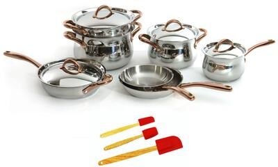 BergHOFF Ouro Gold 14pc 18/10 Stainless Steel Cookware Set, Rose Gold Handles, Metal Lids