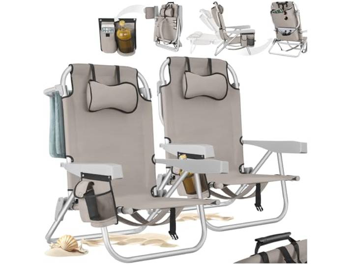 tectake® Strandstuhl klappbar zur Sonnenliege, Campingstuhl faltbar, Liegestuhl mit Rucksackfunktion zum Tragen, inkl. Kühltasche, perfekt als Angelstuhl, Strandliege klappbar leicht - beige, 2er Set