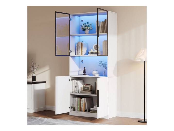 HAUSS SPOLE Vitrine mit Glastüren, LED-Leuchten, weiße Türen mit schwarzer Dekoration (Packung, 1-St., mit Glastüren, Vitrine mit LED-Leuchten) mit Glastüren, Vitrine mit LED-Leuchten