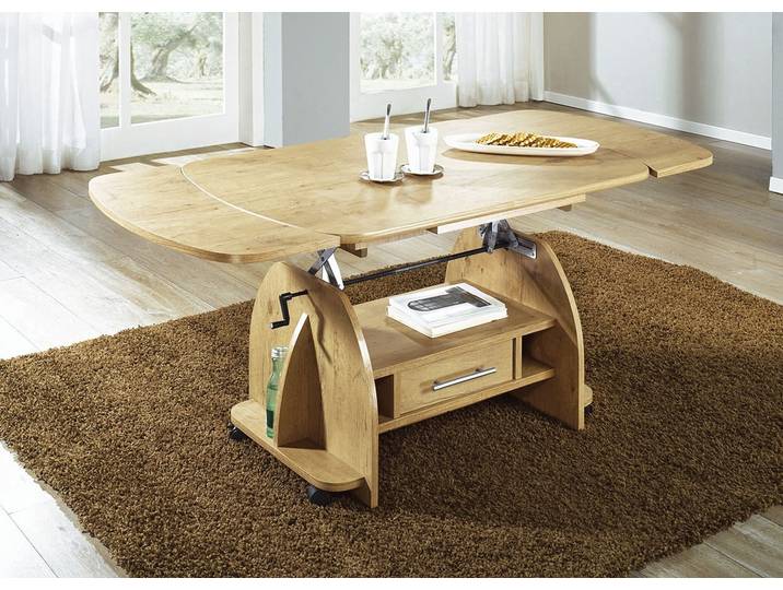 Couchtisch mit Schublade, Wildeiche, Höhenverstellbar und ausziehbar
