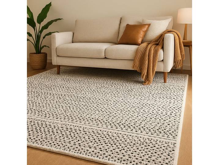 Wollteppich Wooly Nature , weiß (natur,schwarz), B:200cm H:10mm L:200cm, Baumwolle, Wolle, MYFLAIR MÖBEL & ACCESSOIRES, Teppiche, Wollteppich, Handwebteppich, reine Wolle, Scandi Design, handgewebt, Wohnzimmer