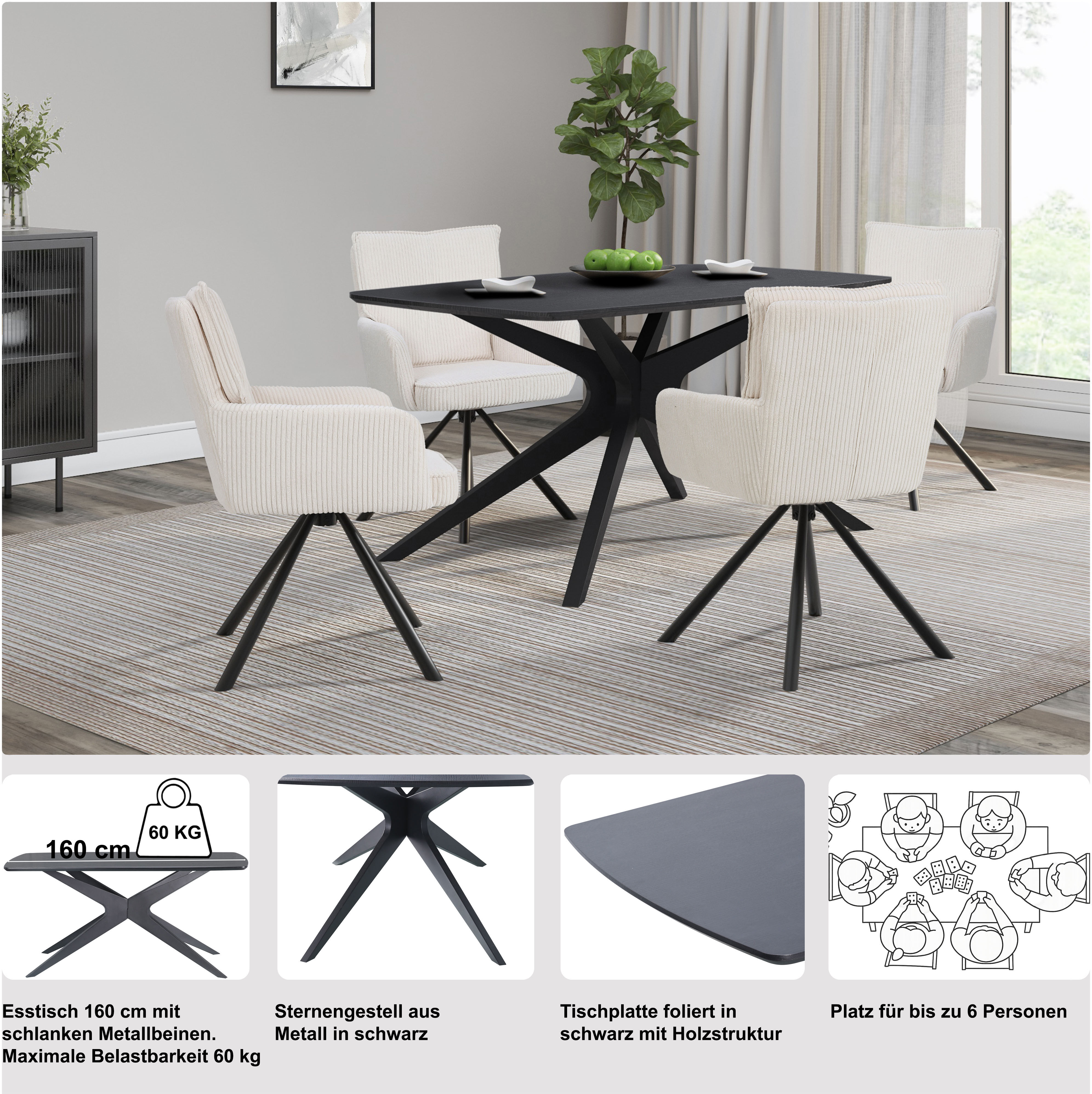 Esstisch GOODPRODUCT "Dakona", schwarz (schwarz, schwarz, schwarz), B:160cm H:76cm T:90cm, Tische, Esstisch, Tischplatte mit Holzstruktur, schwarze Metallbeine, Höhe 76 cm schwarz, schwarz, schwarz B/H/T: 160cm x 76cm x 90cm, 160 x 90cm