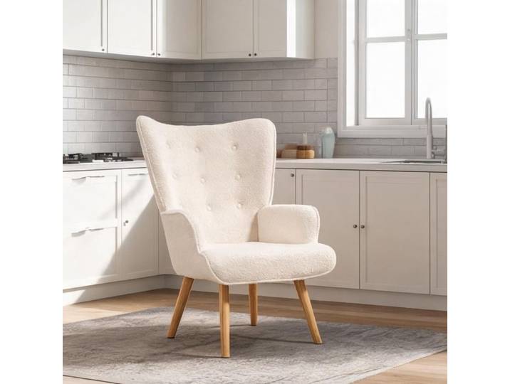 Fauteuil capitonné en tissu bouclette beige pieds bois 71x74x96 cm Assise - Beige Tissu bouclette (100 polyester) 74 x 71