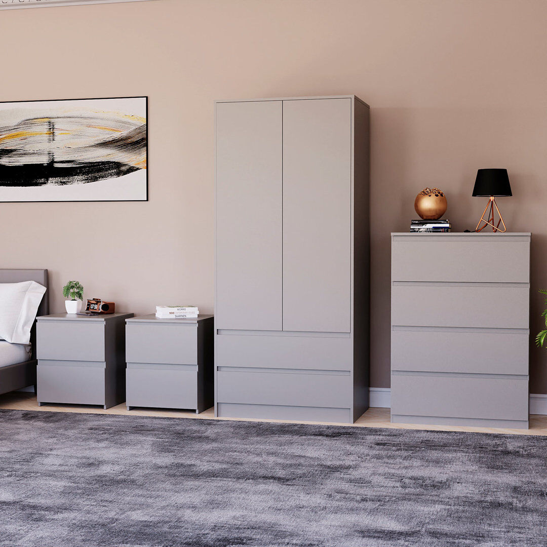 17 Stories Tanino 4 Piece Bedroom Set (2 Drawer Large Bedside Chest X2, 4 Drawer Chest, 2 Door 2 Drawer Wardrobe) Grey