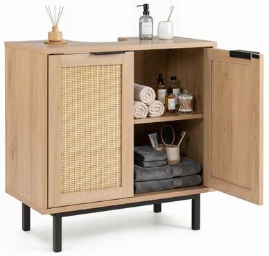 Costway Bathroom Vanity Cabinet with U-Shaped Cut-Out 2 Rattan Doors and Shelf-Natural