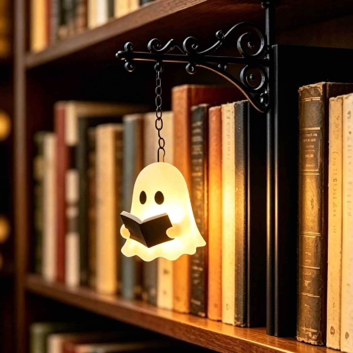Decoratieve metalen boekensteun met LED-bibliotheeklantaarn en warm licht voor een vintage effect