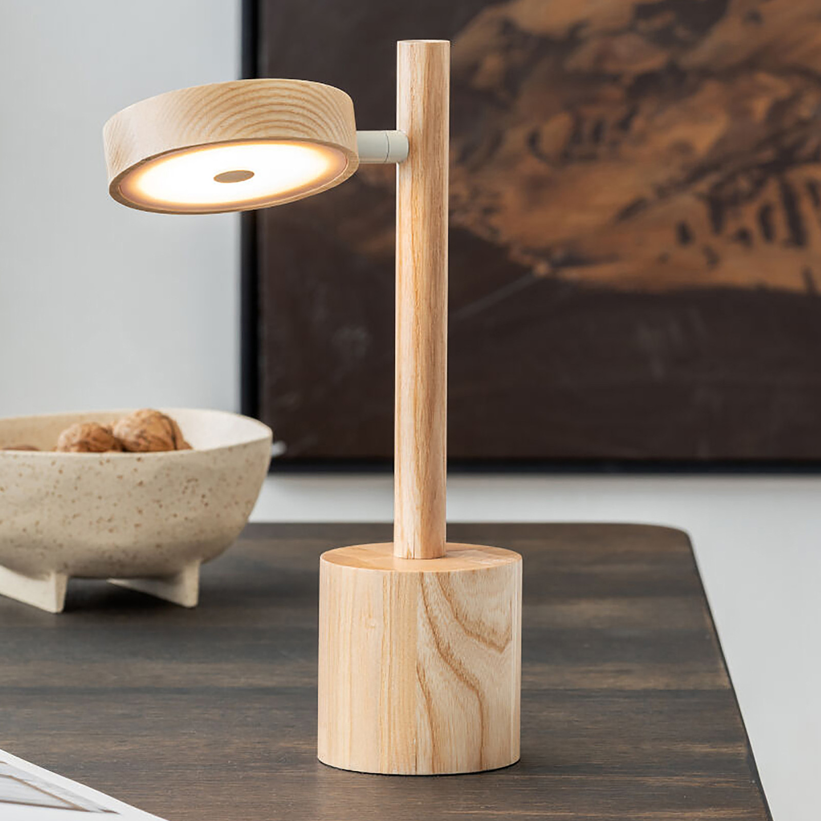 GOOD&MOJO Okinawa LED-tafellamp beige met hout, Ø 21 cm, Hoogte: 35 cm
