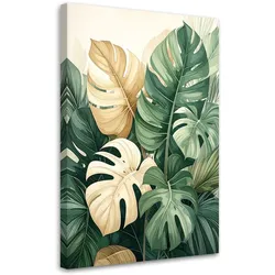LEINWANDBILDER, Tropische Monstera-Blätter in Grün und Beige