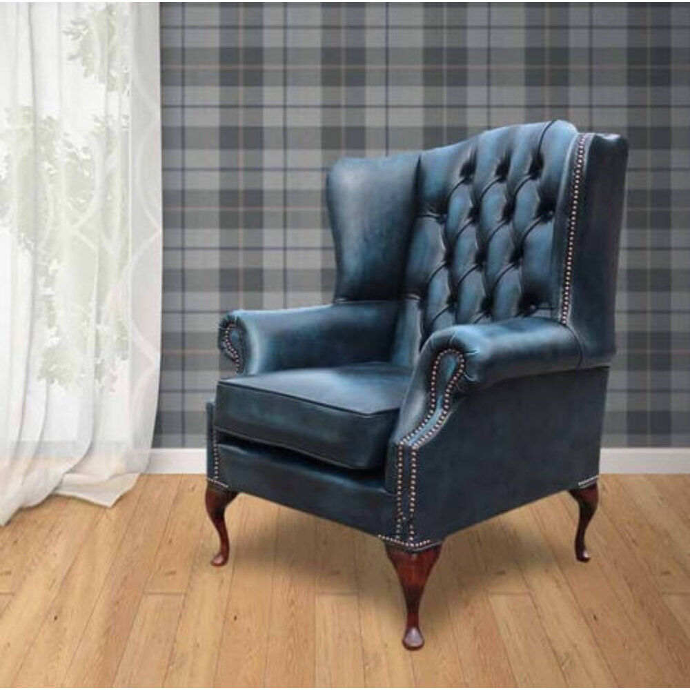 Designer Sofas For You Ltd 88Cm Wide Tufted Wingback Chair Antique Blue 106cm H X 88cm W X 81cm D