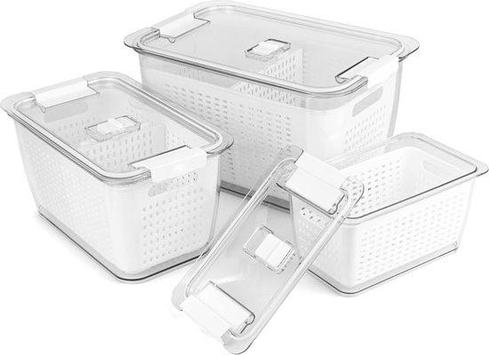 oCreon Set van 3 Koelkast Organizers met Deksel en Vergiet, Wit, 2L + 4L + 5,8L