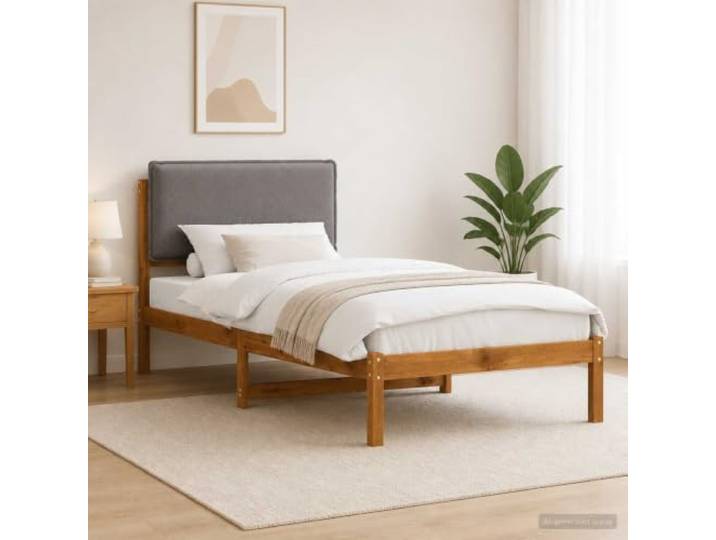 Bett mit Kopfteil bezogen mit Stoff und massivem Akazienholz Massives Akazienholz, gepolstertes Kopfteil aus Stoff, Bezug abnehmbar und waschbar, modernes rechteckiges Design
