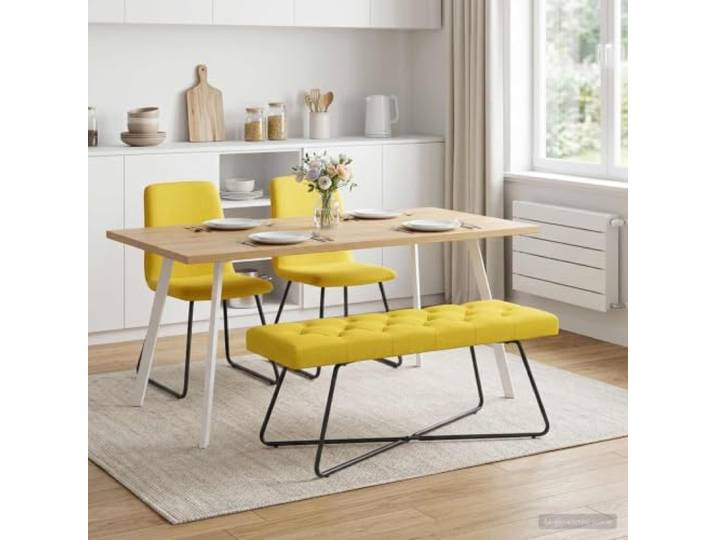 NLQMSU Sitzbank mit Knöpfen, hellgelb, 110 x 40 x 46 cm, Stoff Gepolstertes Design mit Knöpfen, Rahmen aus Holz, Beine aus lackiertem Metall, überkreuzt, Pflege mit Trockentuch