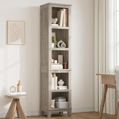 Garvee 5 Tier Farmhouse Bookcase with Adjustable Shelves, 71in Tall Narrow Bookshelf w/Wooden Legs(2pcs, Grey)