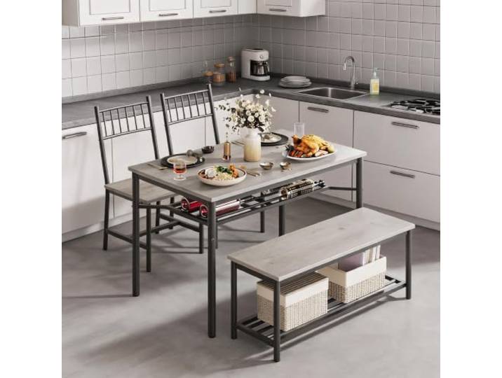 4-teiliges rechteckiges Esstisch-Set mit Weinregal und Aufbewahrungsbank, 2 Stühle mit Bank oder Stauraum, kompakte MDF-Tischplatte mit Metallrahmen für kleine Wohnungen, Esszimmer, Frühstücksecke