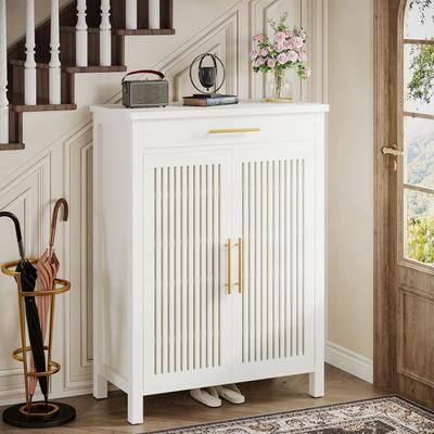 YUZHOU 5 Tier Wooden Shoe Storage Cabinet with Drawer and Louvered Doors