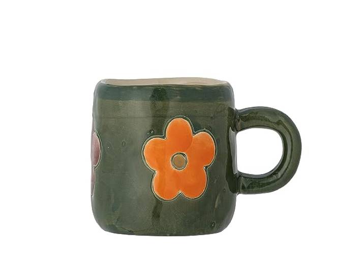 Bloomingville MINI Addy Tasse pour enfant 130 ml – Tasse en grès vert foncé avec motif floral\, peinte à la main\, pour petites mains d’enfants\, passe au micro-ondes et au lave-vaisselle\, 82060484
