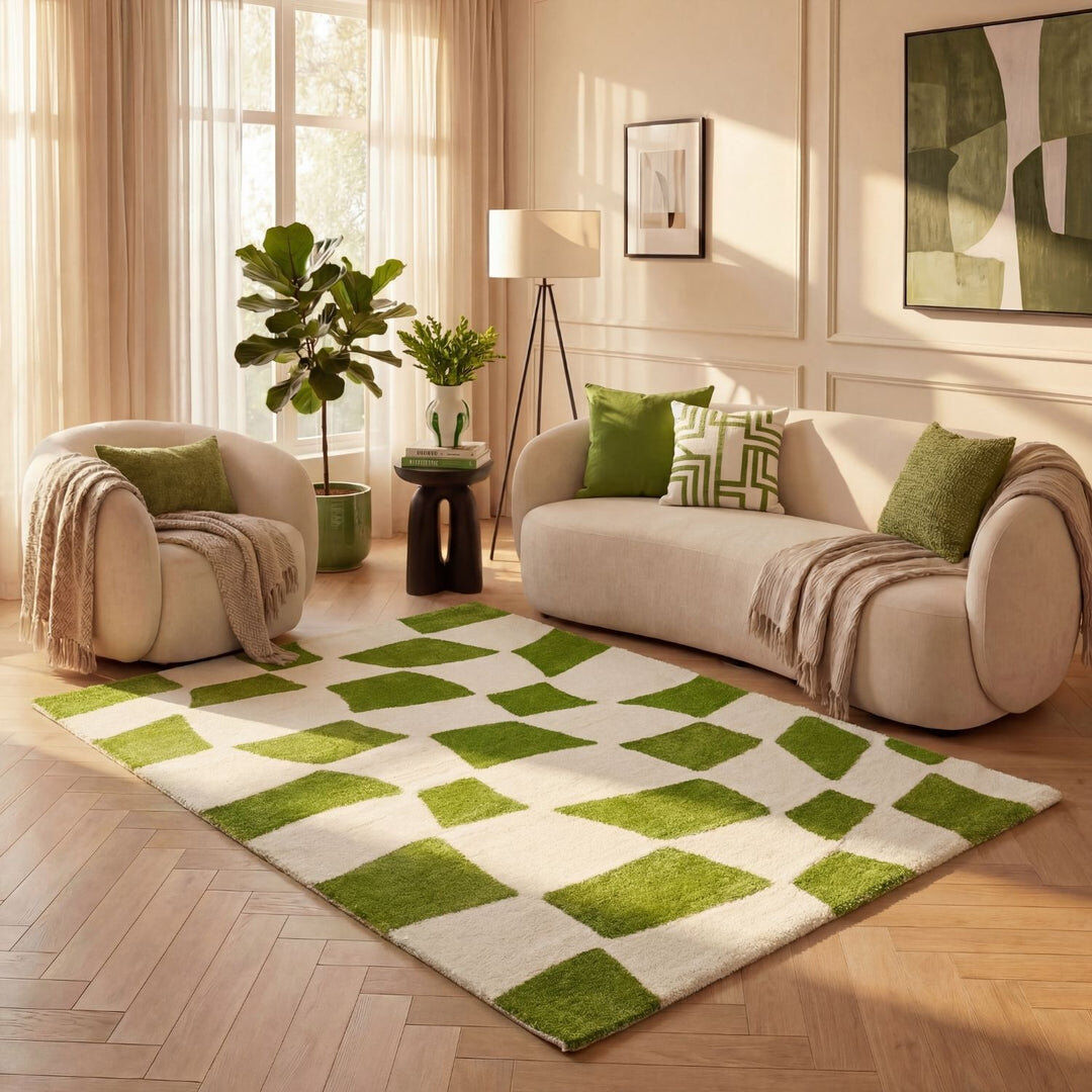 THE RUGS Joli Chequered Area Rug Soft Dense Pile for Living Rooms and Bedrooms Green/White Rectangle 80 x 150 cm