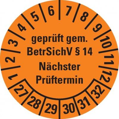 Dreifke® Prüfplakette geprüft gem. BetrSichV §14,27-32,orange,Dokumentenfolie,Ø30mm,18 St/Bogen
