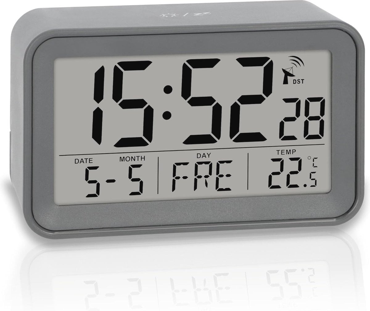 Digitale wekkerradio met licht, temperatuurweergave en kalender - Compacte reiswekker in mat grijs