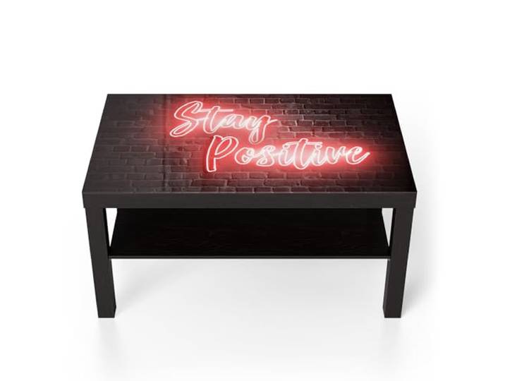 DEQORI Glastisch schwarz groß 90x50 cm Motiv Bleib Positiv Zitat ausgefallener Beistelltisch aus Glas Hochglanz Couchtisch fürs Wohnzimmer moderner Couch Tisch mit Design