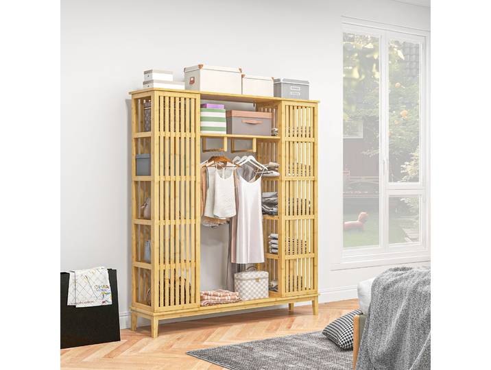 HOMCOM Armoire Bambou 2 Portes Coulissantes avec Étagères 145cm