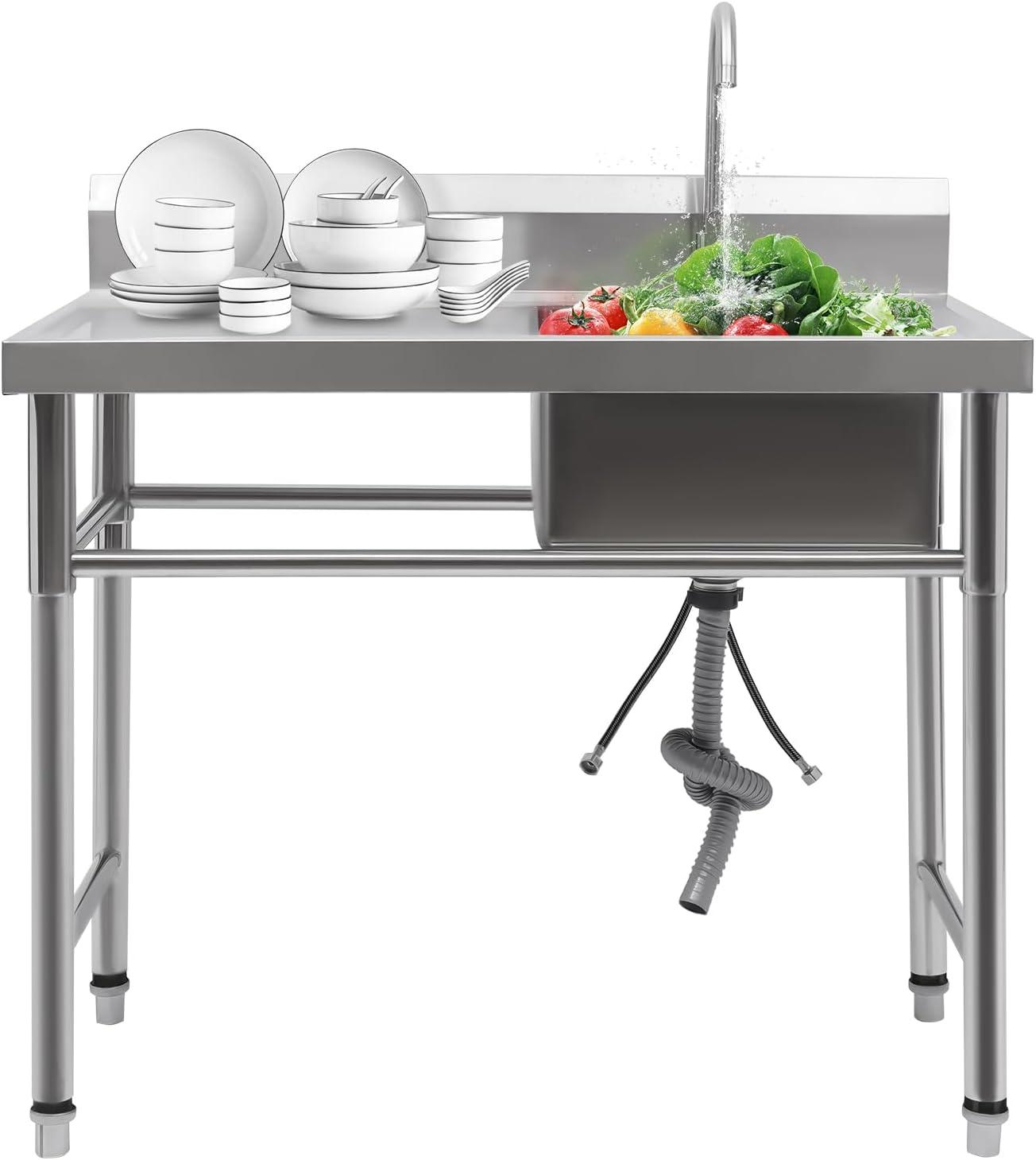 Edelstahl Waschbecken Ausgussbecken,100 x 60 x 93 cm Handelsrestaurant-Küchenspüle, Edelstahl Spüle mit 1 Waschbecken (rechts) Spülschrank Outdoor Spüle Für Küche Garage Waschküche
