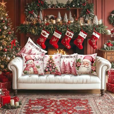 Lush Living Finds Pink Linen Santa Claus, Pink Christmas Pillow Covers, Cute Christmas Printed Pillow Covers For Living Room Home style 4