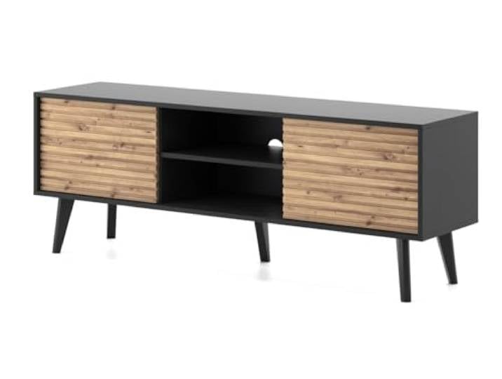 Emporius TV Kommode Schwarz mit LED, Glas, Lamellen - TV Schrank, Fernseher Kommode, Lowboard 3-türig - 154 cm breit
