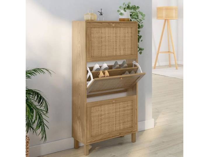IDMARKET Meuble à chaussures 18 paires HANAE 3 portes effet naturel cannage
