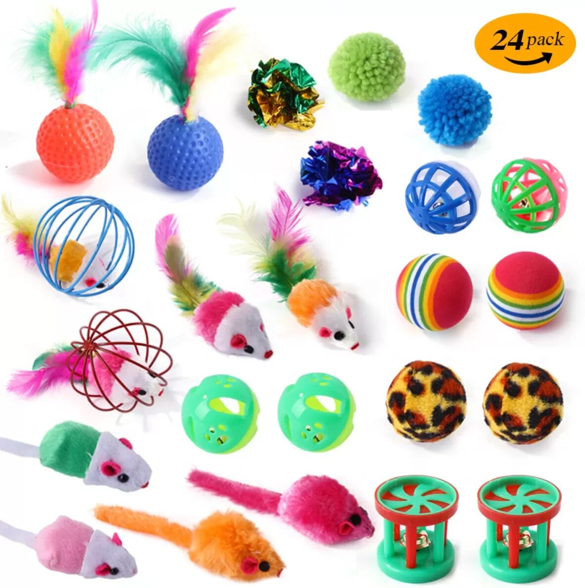 INF 24-teiliges Mehrfarbiges Feder-Katzenspielzeug-Set – Glöckchenmäuse, Federwedel, Edelstahl- und PP-Zubehör für