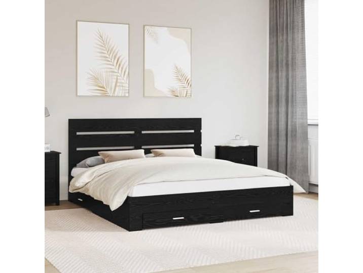 RJPLMFV Bettgestell, Eiche, Schwarz, 180 x 200 cm, Holz Integrierte Schubladen, robustes Kopfteil, modernes Design, praktische Aufbewahrung