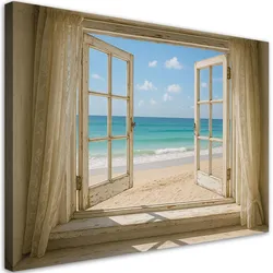 LEINWANDBILD Fensterblick auf Shabby Chic Strand 90x60cm