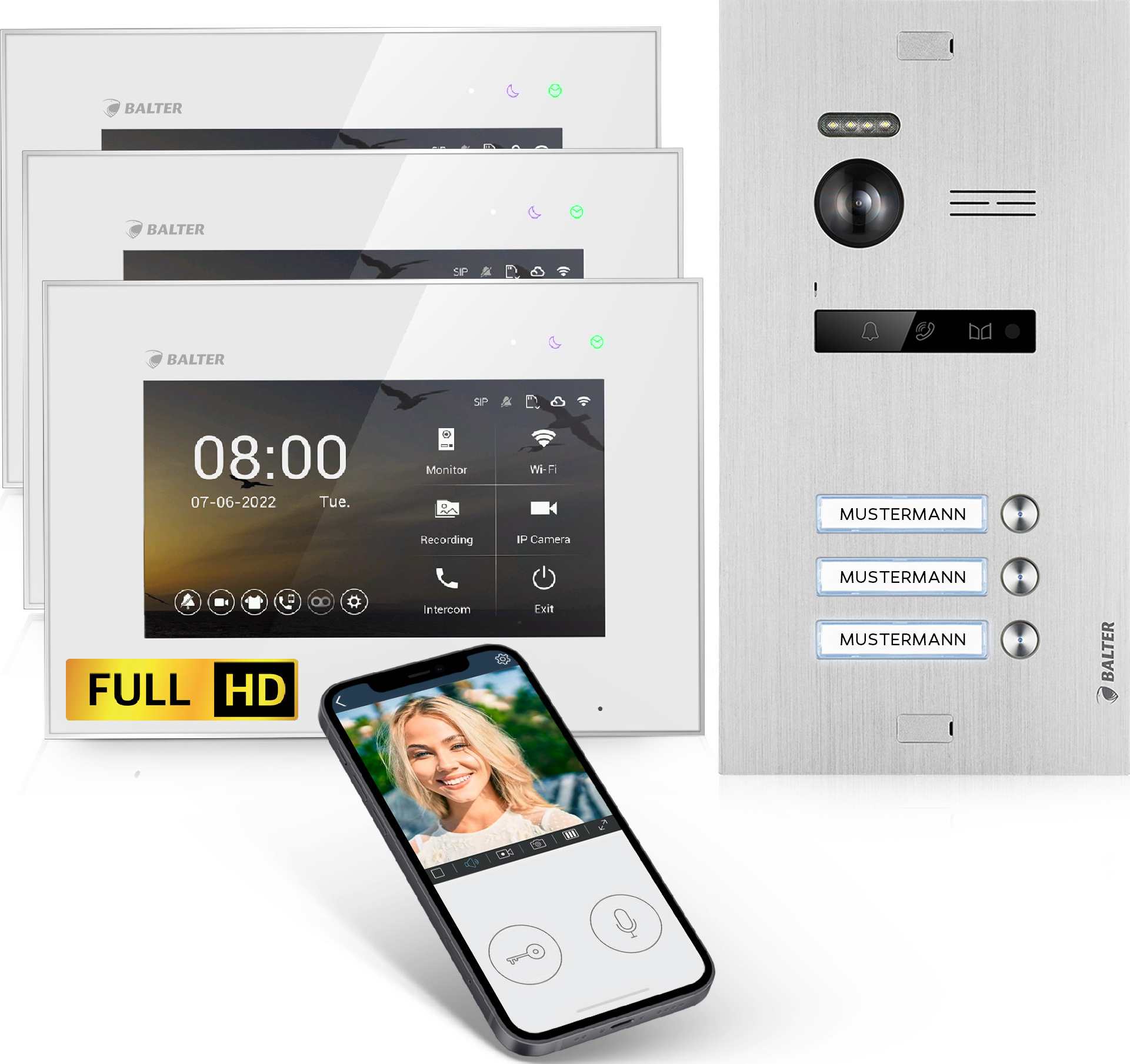 HD Video Türsprechanlage mit Smartphone App für 3 Familienhaus, 3x Monitor, Balter EVO HD WLAN