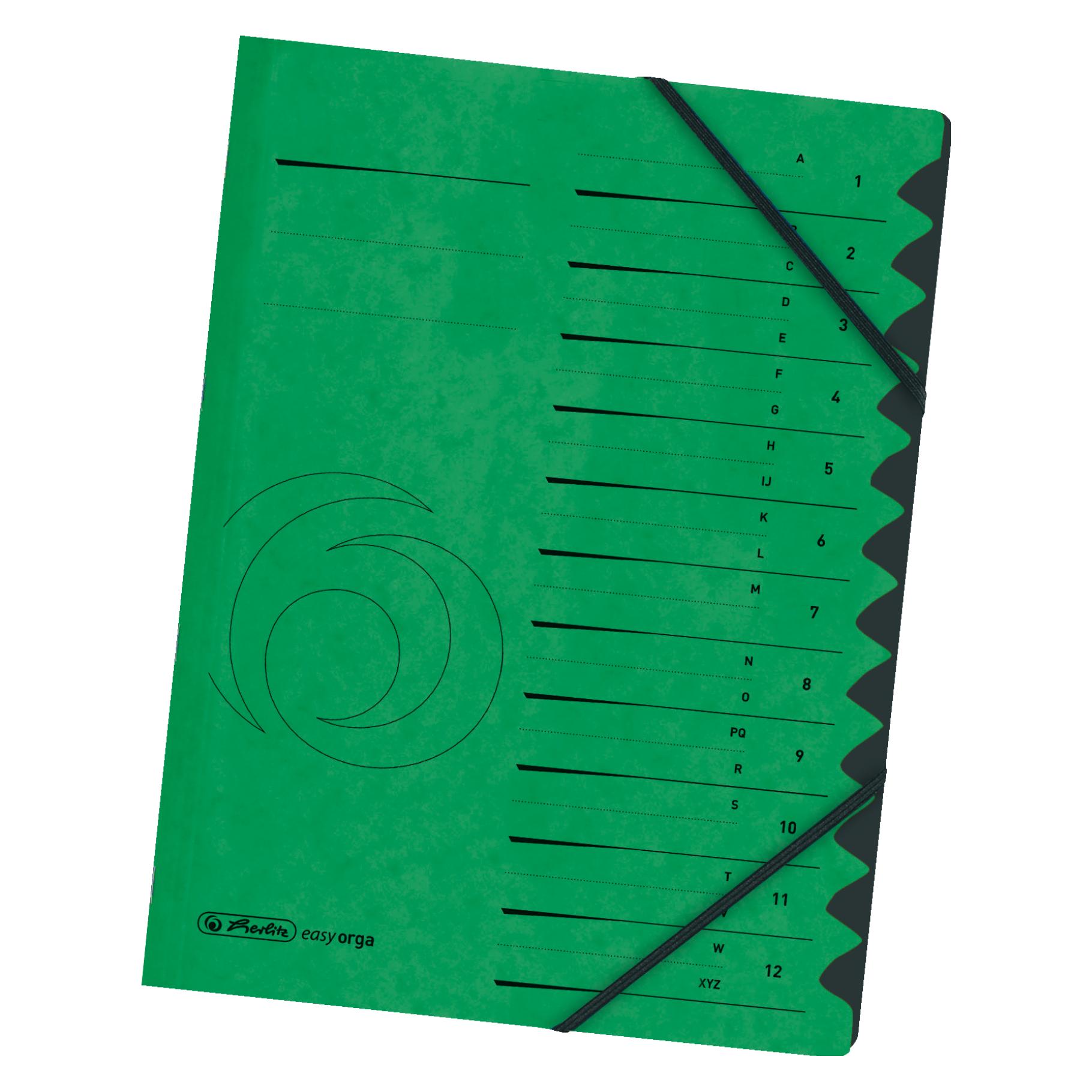 Herlitz Ordnungsmappe easyorga, A4, Karton, 12 Fächer, grün Colorspan-Karton, 355 g-qm, innen schwarzer Mani (A4) (10843332)