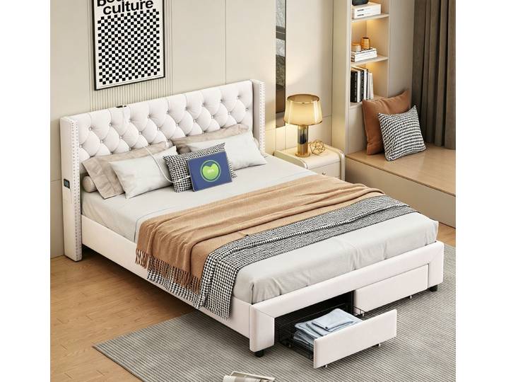 Simurq Polsterbett Stauraumbett Doppelbett mit Ladefunktion 160x200cm (Betten mit LED und Lattenrost), Doppelbett Jugendbett Beige