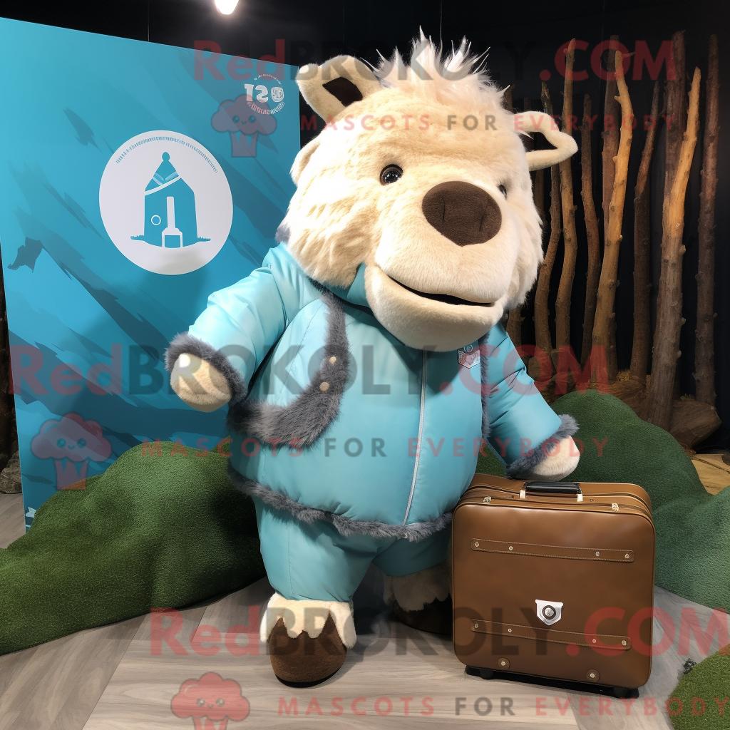 Maskottchen REDBROKOLY eines cyanfarbenen Wollnashorns mit Parka und Aktentasche