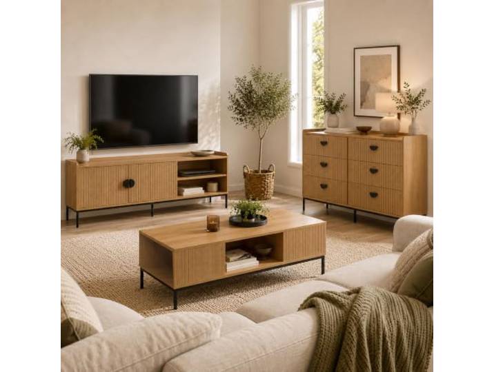 Mendler Wohnzimmer-Set HWC-O39, Melamin MDF - natur TV-Rack, Kommode, Couchtisch, Ablage, Schubladen