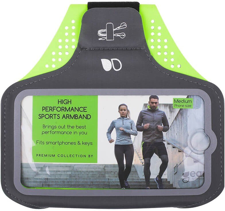 GEAR Universal Sportsarmbånd til Smartphone m. Lomme til Nøgle & Reflekskant (Maks. Mobil: 70 x 145mm) - Grå / Grøn