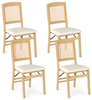 Costway Folding Dining Chairs Set of 4 Rubber Wood Chairs with Linen Padded Seat-Natural