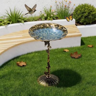 "Javlergo 28.7"" H Iron Birdbaths for Outdoor Vintage Birdbath with Branch Leaf Design Birdbath with Bird Statue on Rim for Garden"