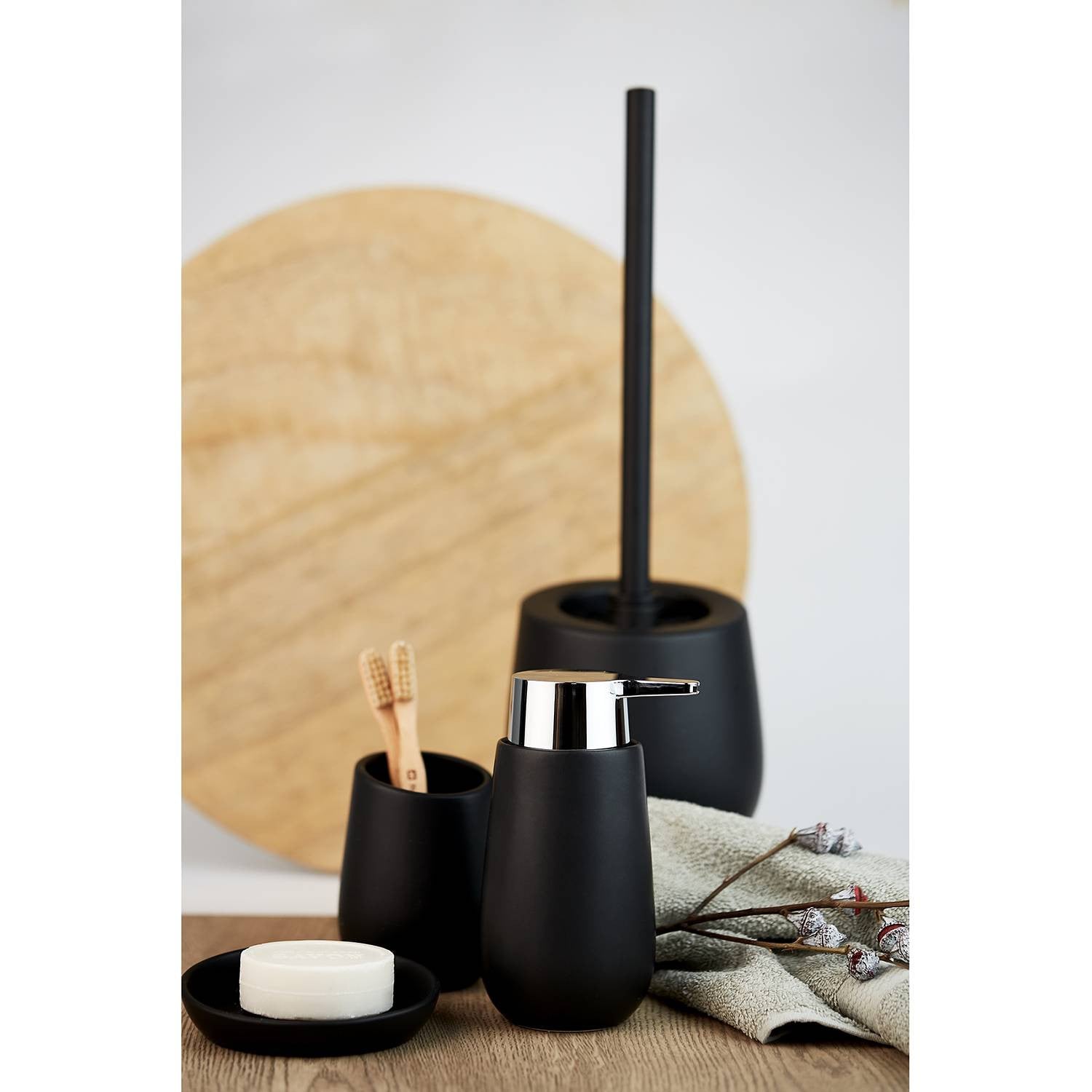 home24 Set wc-borstel keramiek zwart met borstel Ø 14cm