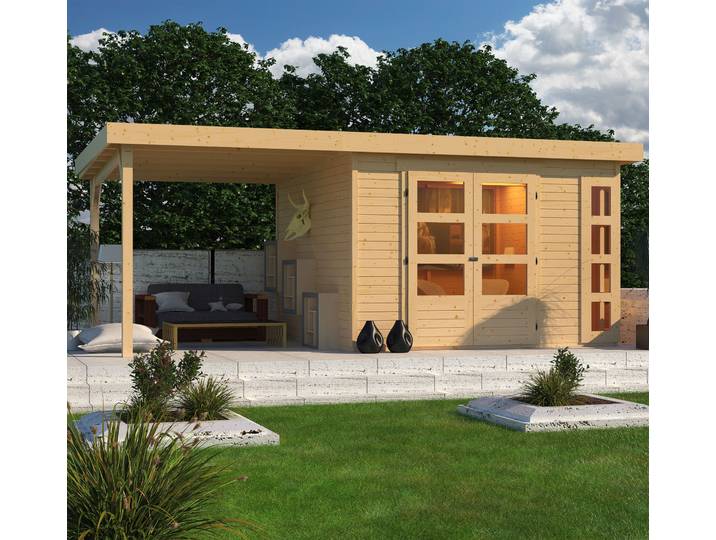 Gartenhaus KARIBU Nordsee 6 , beige (naturbelassen), ohne Fußboden, ohne Dacheindeckung, Holzwerkstoff, Gartenhäuser, Gartenhaus, mit Schleppdach 2,40 m Breite