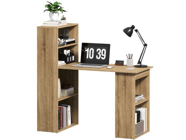 Bureau informatique d'angle avec bibliothèque 3 casiers et 2 étagères Chêne